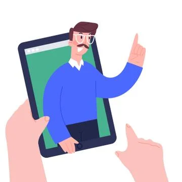 Child hands holing digital tablet pc for distance lessons, video course, web Stock Illustration