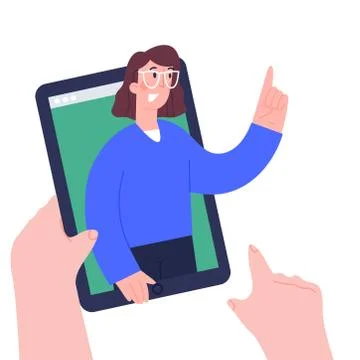 Child hands holing digital tablet pc for distance lessons, video course, web Stock Illustration