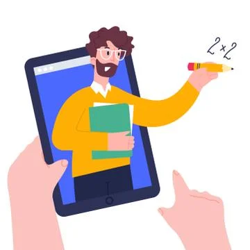 Child hands holing tablet computer. Using digital tablet pc for distance lessons Illustrazione stock