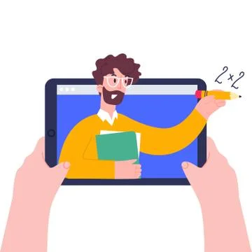 Child hands holing tablet computer. Using digital tablet pc for distance lessons Illustrazione stock