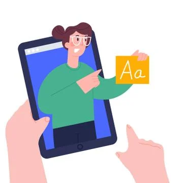 Child hands holing tablet computer. Using digital tablet pc for distance lessons Stock Illustration