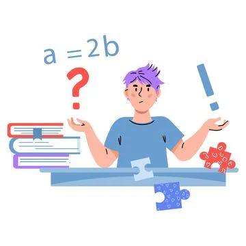 Child having question while studying. Boy sitting at table with confused face Stock Illustration