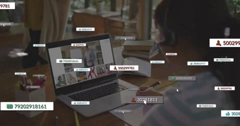 Child with headset taking notes during remote class as laptop alerts spawning Stock Footage 328330841