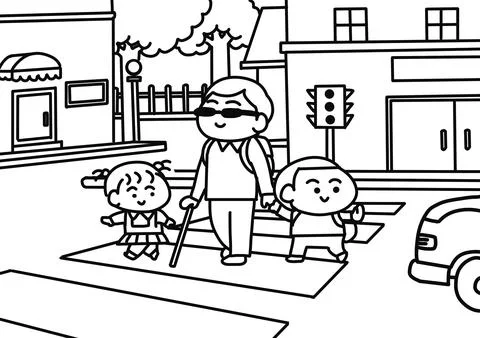 A child help a blind man across the road. Illustrazione stock