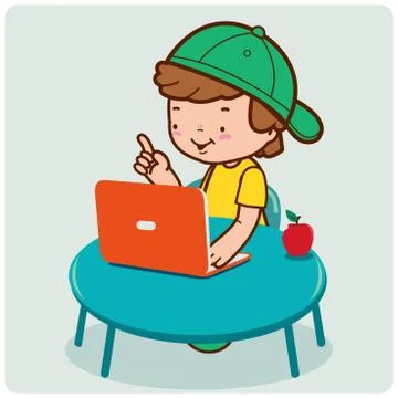 Child on his desk using the computer. Vector illustration Illustrazione stock
