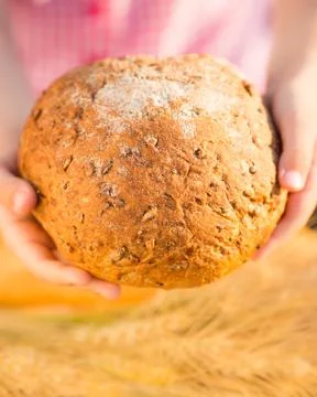 Child holding bread in hands Stock Photos
