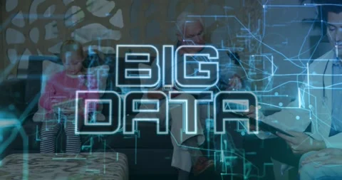 Child holding device, carer reading mag, data starting BIG DATA holo over clinic Stock Footage 327445293