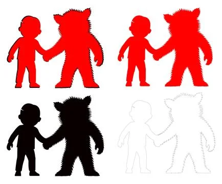 Child holding hands with friendly monster in fantasy silhouette scene Stock Illustration