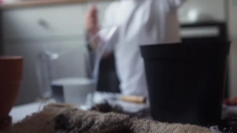 Child holding seedling in his hands while his mother trims roots of the seedling Stock Footage 331439378