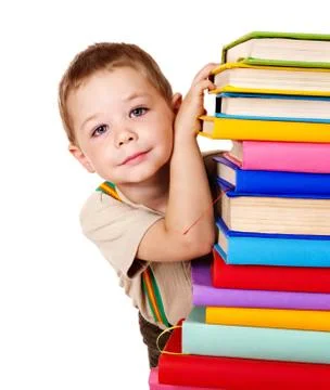 Child holding stack of books. Stockfoto's