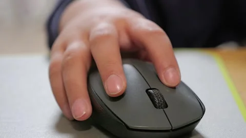 Child holds the computer mouse,child learns and plays on the computer Stock-Footage 266494559
