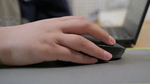 Child holds the computer mouse,child learns and plays on the computer Stock-Footage 266495029