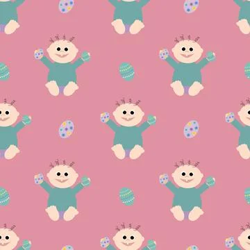 Child holds Easter eggs on a pink background. Easter. Stock Illustration