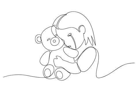 Child hugging teddy bear one line drawing embrace love Stock Illustration
