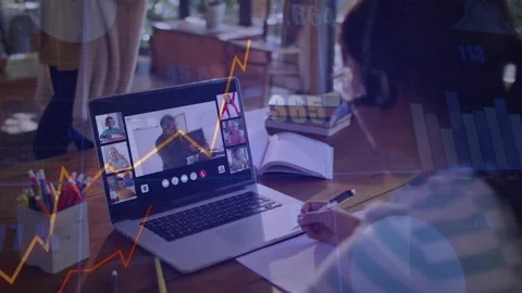 Child jotting notes at study desk as educator speaks, animated line graphs pulse Video stock 314791768