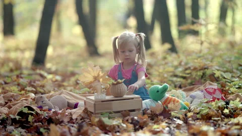 A Child Joyfully Engaged in Creative Play Amidst the Beautiful Autumn Forest Stock Footage 311926221
