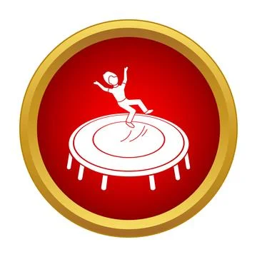 Child jumping on trampoline playing exercising in red circle icon Stock Illustration
