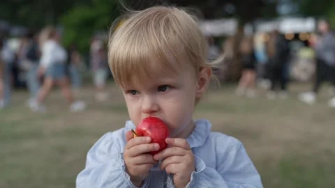 Child kid eating apple fruit outdoor. Happy childhood and healthy food. Stock Footage 337039008