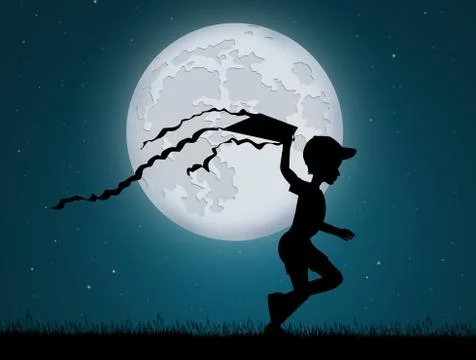 Child with kite in the moonlight Stock Illustration
