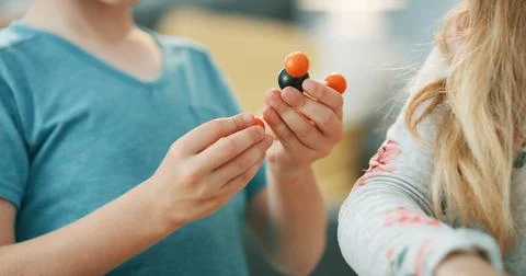 Child, knowledge and hands with molecular model, growth or development with.. Stock Photos