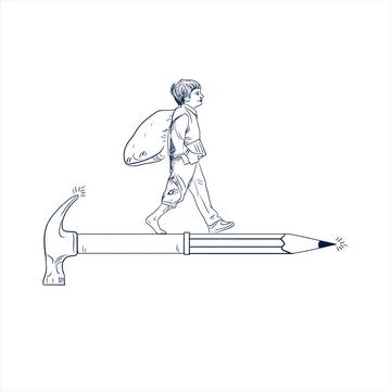 Child labor day concept in line art drawing illustration. Stockillustratie