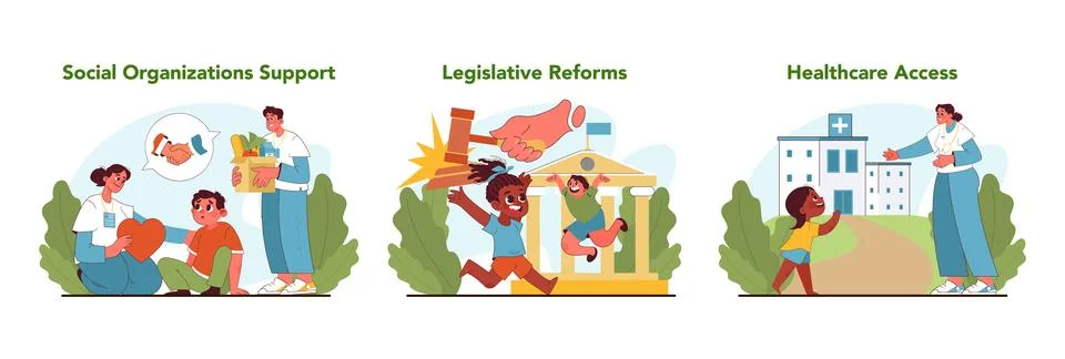 Child labor solutions set. Flat vector illustration Stock Illustration