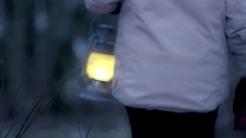 Child with a lantern lost in a forest at night. Close detail shot Stock Footage 296364396