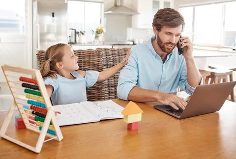 Child learning, home working and work call of a dad on a computer busy with 스톡 사진
