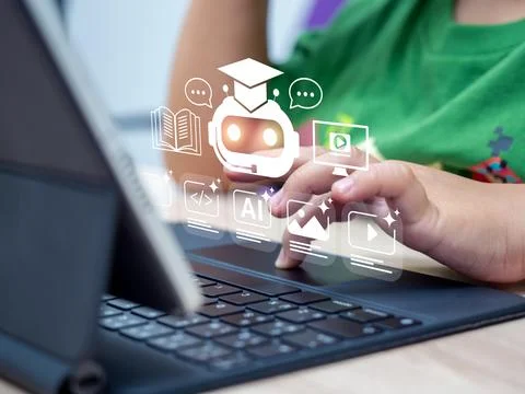 Child learning online with an AI tutor on digital tablet, using an AI assis.. Stock Photos