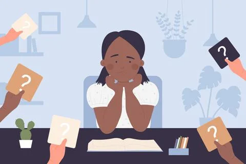 Child with learning problem, girl sitting at table, thinking about answer on Illustrazione stock