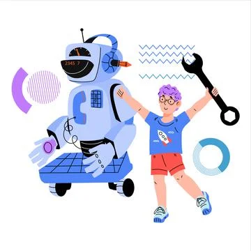 Child learns robotics and programs the robot. Programming and robotics classe Stockillustratie