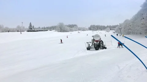 Child learns to ski on skiing downhill and falls Video stock 95437579