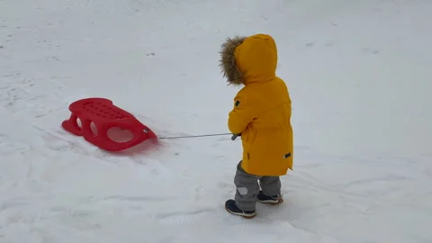 Child little boy pulling a sled up a hill in winter Stock Footage 258830147