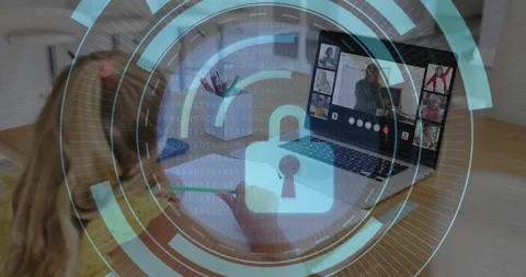 Child logging into online class and noting, padlock emerging binary code fading Stock Footage 314848498