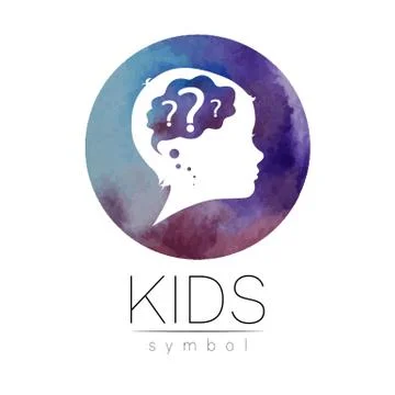 Child logotype with brain and question in violet watercolor brush circle vector Ilustración de archivo