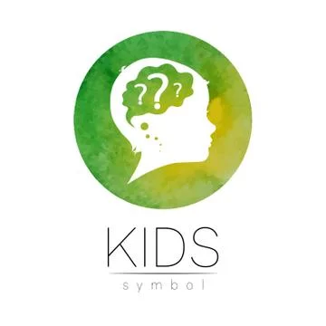 Child logotype with brain and question in green watercolor brush circle vector Stock Illustration
