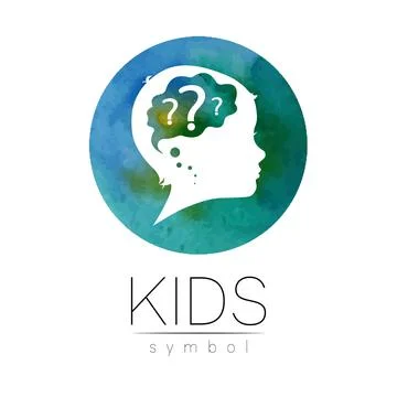 Child logotype with brain and question in blue watercolor brush circle vector Ilustración de archivo