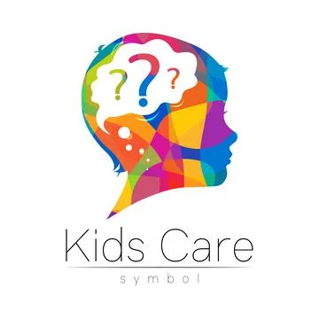 Child logotype with brain and question in rainbow colors, vector. Silhouette Illustrazione stock