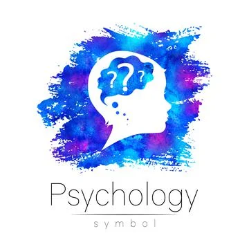 Child logotype with brain and question in blue watercolor brush. Silhouette Stock Illustration