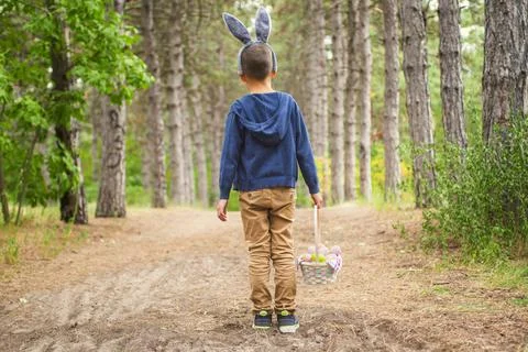 A child looking for Easter eggs in the forest. Little boy hunting for Easter  Stock Photos