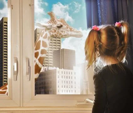 Child looking at giraffe dream in window Stock Illustration