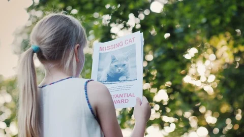 The child is looking for a lost pet. Stands in the park with the announcement of Stock Footage 110574414
