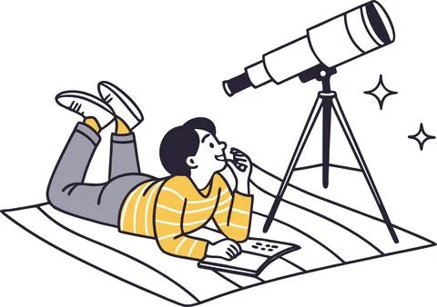 Child looking through telescope, studying stars, curious exploration. Stock Illustration