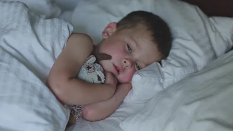 Child lying in bed hugging stuffed animal peacefully falling asleep highlighting Stock-Footage 288772176