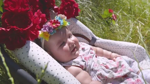 The child is lying in the grass in a car seat. Stock-Footage 135411264