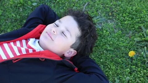 Child lying on green grass and relaxing Stock Footage 73608546