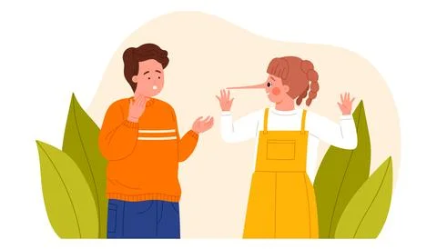 Child lying, kids problem behavior, girl with long nose of Pinocchio lies to Stock Illustration