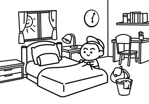  The child makes the bed. Stock Illustration