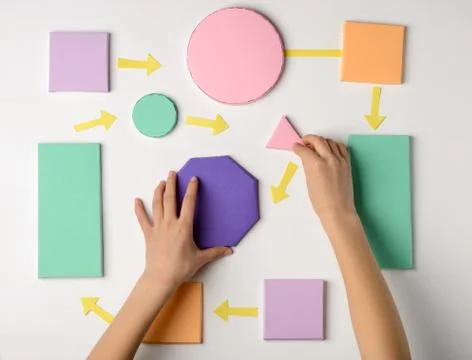Child making a flow process model with paper blocks Stock Photos