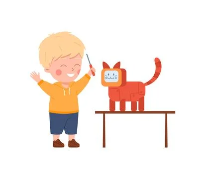 Child making smart robot cat machine, flat vector illustration isolated. 스톡 일러스트